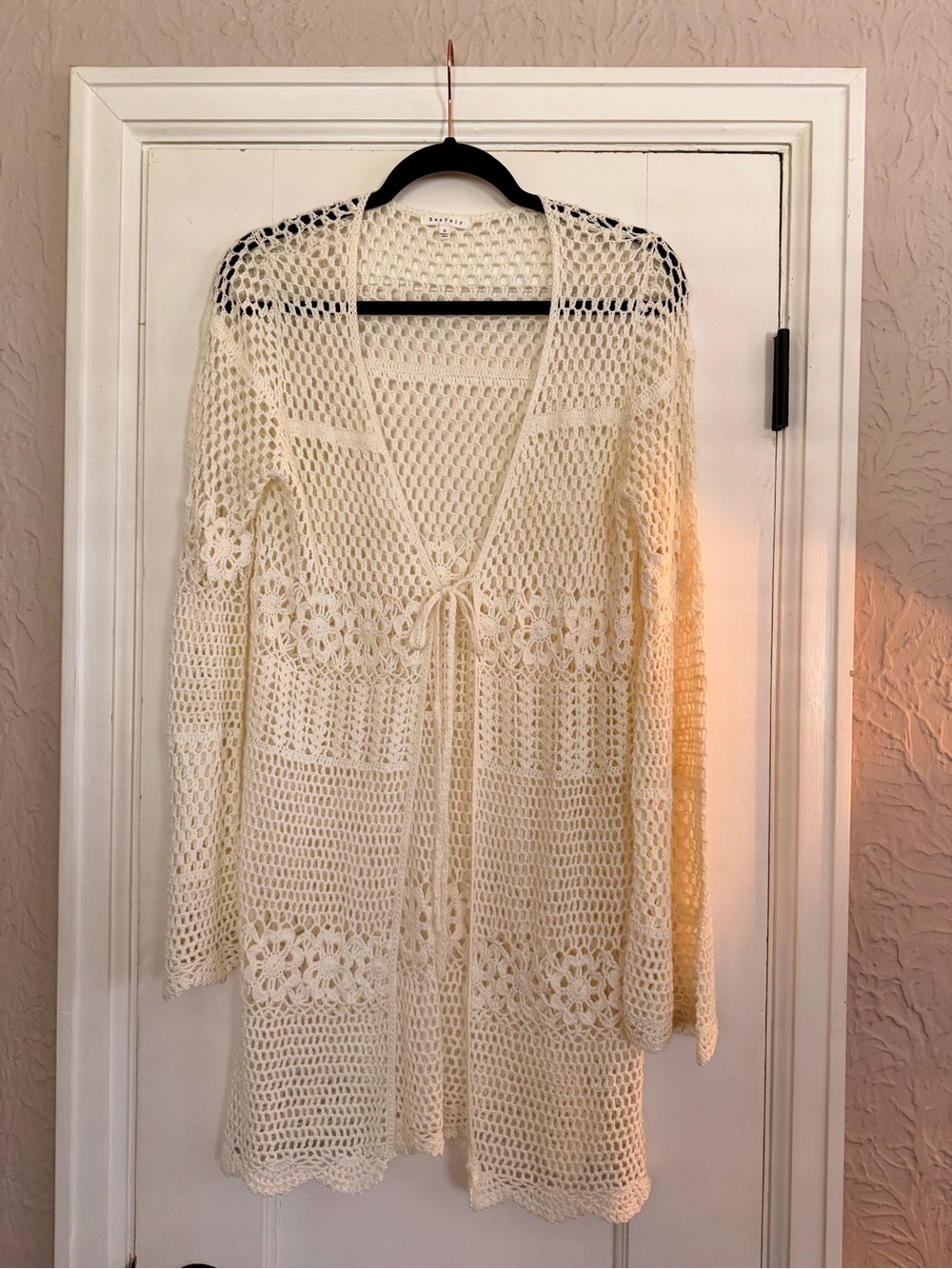Tie-Front Open Knit Cardigan in Cream